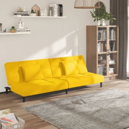 Sofá cama de 2 plazas con dos almohadas terciopelo amarillo