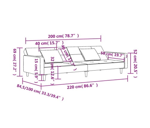 Sofá cama de 2 plazas con dos almohadas terciopelo azul