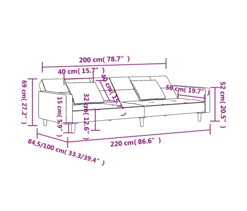 Sofá cama de 2 plazas con dos almohadas terciopelo gris claro