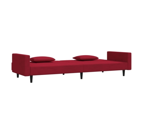 Sofá cama de 2 plazas con dos almohadas terciopelo rojo tinto