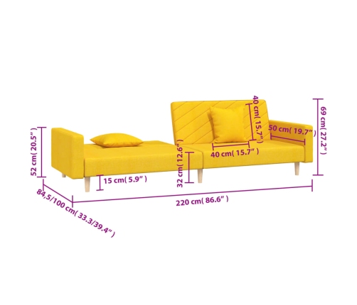 Sofá cama de 2 plazas con dos almohadas tela color amarillo