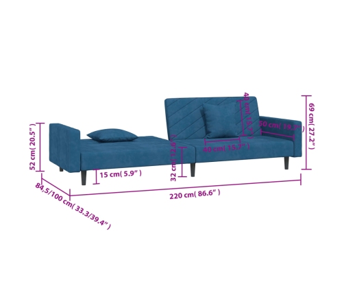 Sofá cama de 2 plazas con dos almohadas terciopelo azul