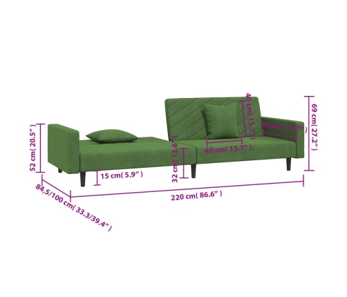 Sofá cama de 2 plazas con dos almohadas terciopelo verde oscuro