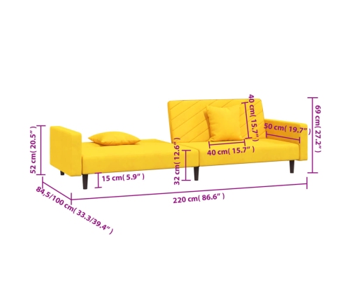 vidaXL Sofá cama de 2 plazas con dos almohadas terciopelo amarillo