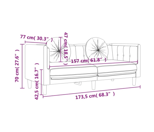 vidaXL Sofá con cojines 2 plazas terciopelo color crema