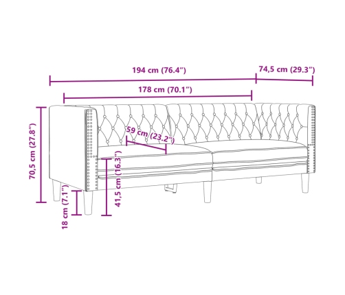 Sofá Chesterfield de 3 plazas cuero artificial gris