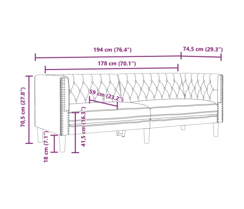 Sofá Chesterfield de 3 plazas cuero artificial marrón capuchino