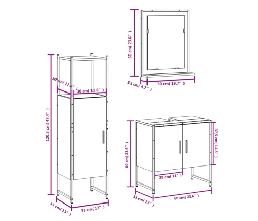 Set de muebles de baño 3 pzas madera contrachapada gris sonoma