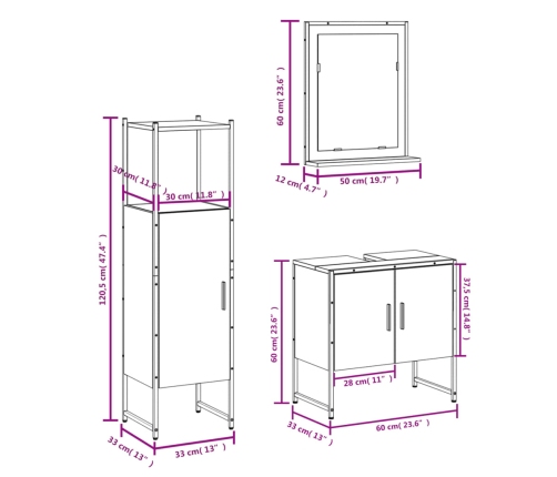 Set de muebles de baño 3 pzas madera contrachapada roble marrón