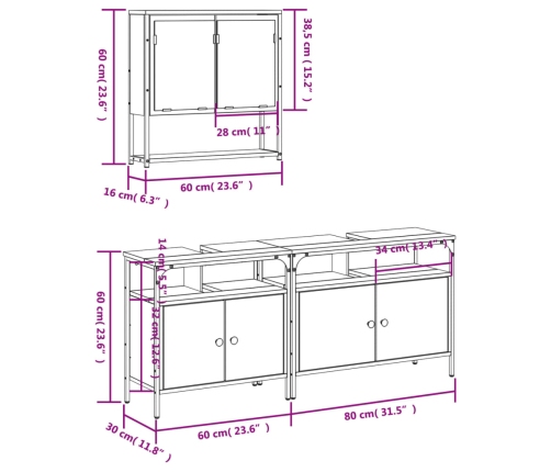 Juego de muebles de baño 3 pzas madera contrachapada negro