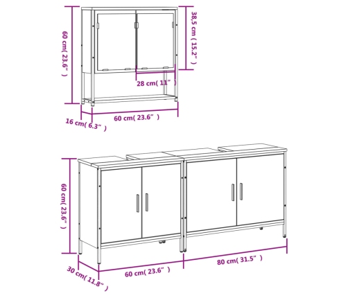 Juego de muebles de baño 3 pzas madera contrachapada negro