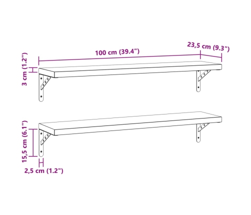 Estantes de pared 2 uds acero inoxidable negro 100x23,5 cm