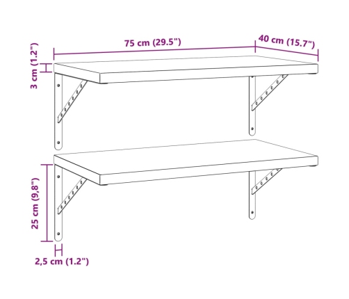 Estantes de pared 2 uds acero inoxidable negro 75x40 cm