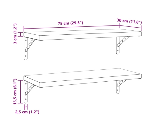 Estantes de pared 2 uds acero inoxidable negro 75x30 cm