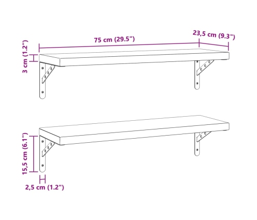 Estantes de pared 2 uds acero inoxidable negro 75x23,5 cm