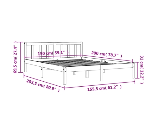 Cama sin colchón madera maciza pino marrón cera 150x200 cm