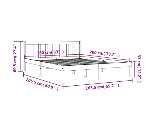 Cama sin colchón madera maciza de pino marrón cera 160x200 cm