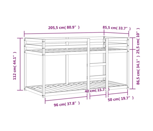 Litera de madera maciza de pino marrón cera 80x200 cm