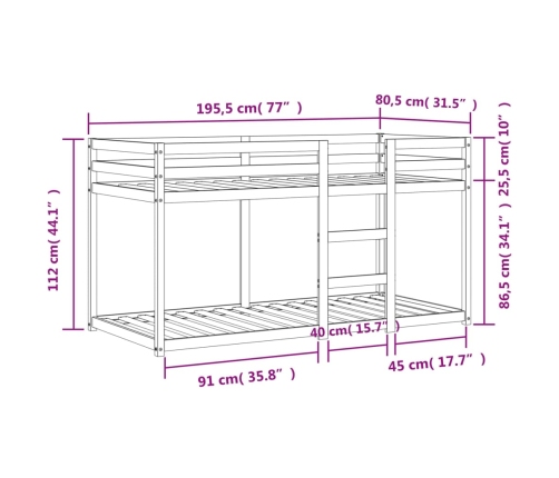 Litera de madera maciza de pino marrón cera 75x190 cm