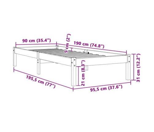 Estructura de cama sin colchón madera maciza marrón 90x190 cm