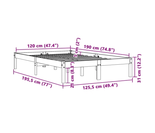 Estructura de cama sin colchón madera maciza marrón 120x190 cm