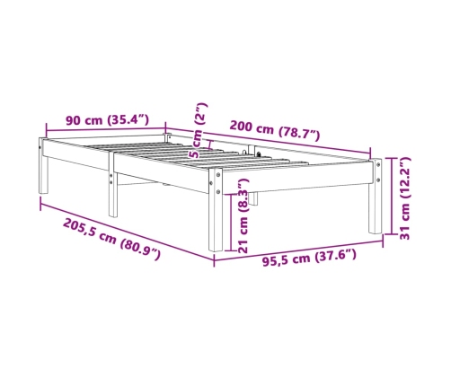 Estructura de cama sin colchón madera de pino marrón 90x200 cm