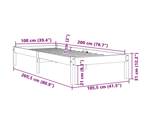 Cama sin colchón madera maciza de pino marrón cera 100x200 cm