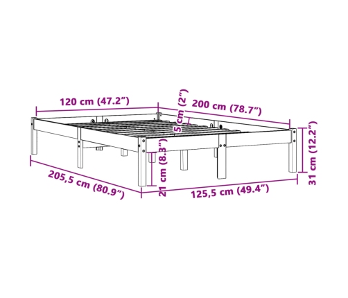 Cama sin colchón madera maciza de pino marrón cera 120x200 cm