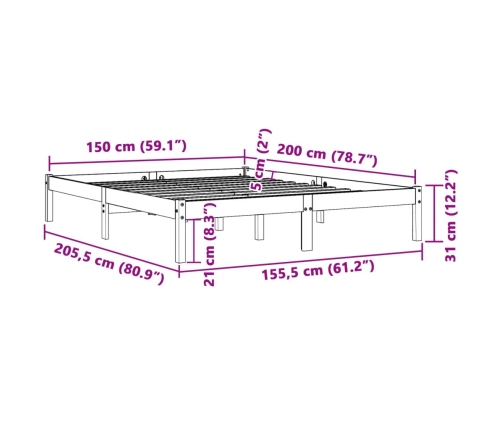 Cama sin colchón madera maciza pino marrón cera 150x200 cm