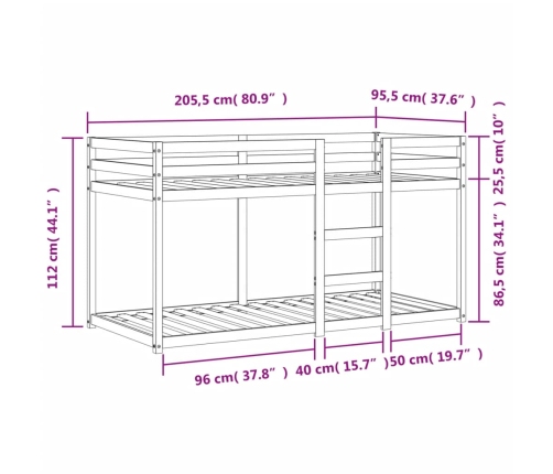 Litera de madera maciza de pino marrón cera 90x200 cm