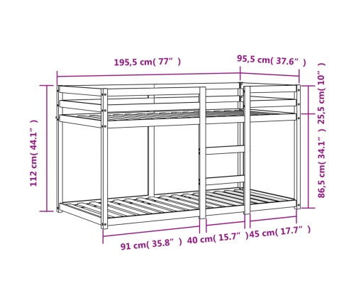 Litera de madera maciza de pino marrón cera 90x190 cm