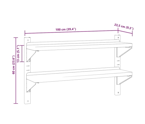 Estante de pared acero inoxidable plateado 100x23,5x60 cm