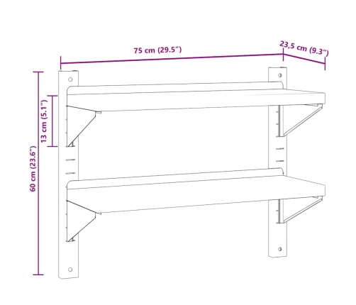 Estante de pared acero inoxidable plateado 75x23,5x60 cm