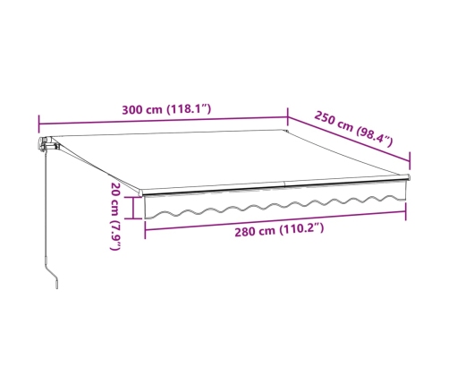 Toldo retráctil manual con luz LED marrón 300x250 cm