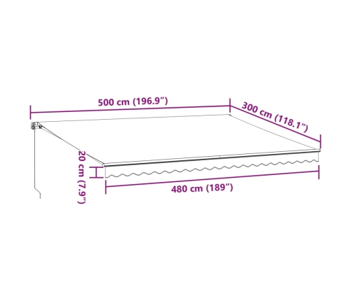 Toldo retráctil manual luz LED antracita y blanco 500x300 cm