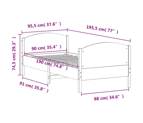 Estructura de cama sin colchón madera maciza de pino 90x190 cm