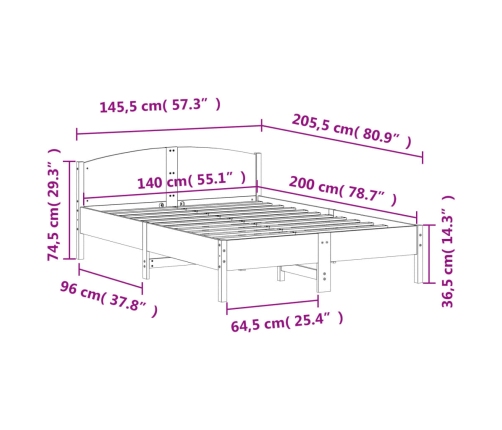 Cama sin colchón madera maciza de pino marrón cera 140x200 cm