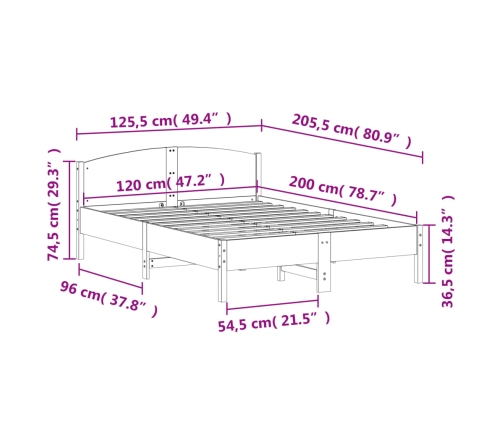 Cama sin colchón madera maciza de pino marrón cera 120x200 cm