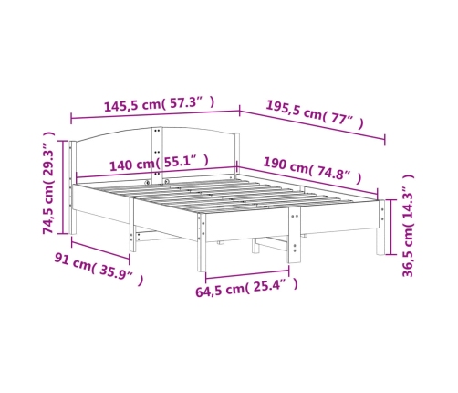 Estructura de cama sin colchón madera maciza de pino 140x190 cm