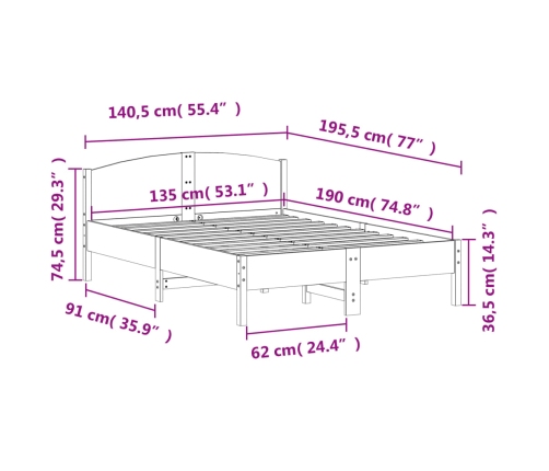 Estructura de cama sin colchón madera maciza de pino 135x190 cm