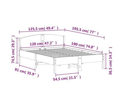 Estructura de cama sin colchón madera maciza de pino 120x190 cm