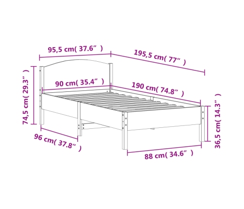 Estructura de cama sin colchón madera maciza de pino 90x190 cm