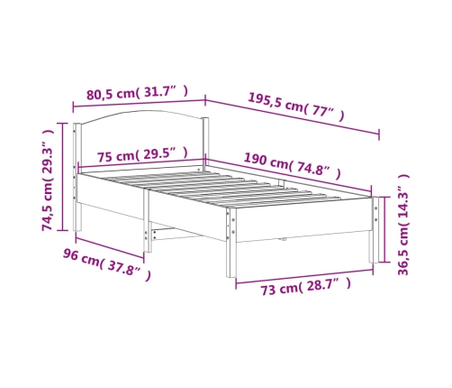 Estructura de cama sin colchón madera maciza pino 75x190 cm