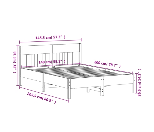 Cama sin colchón madera maciza de pino marrón cera 140x200 cm