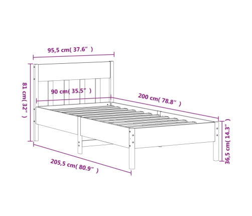 Estructura de cama sin colchón madera maciza de pino 90x200 cm