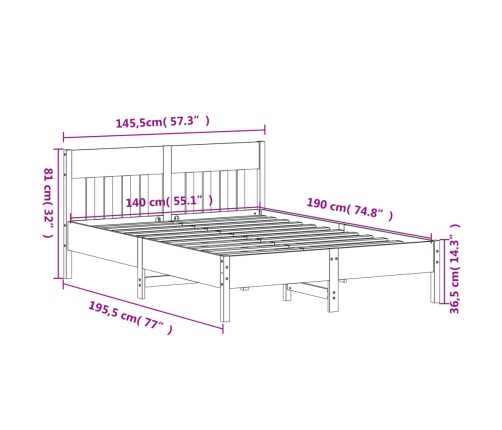 Estructura de cama sin colchón madera maciza de pino 140x190 cm