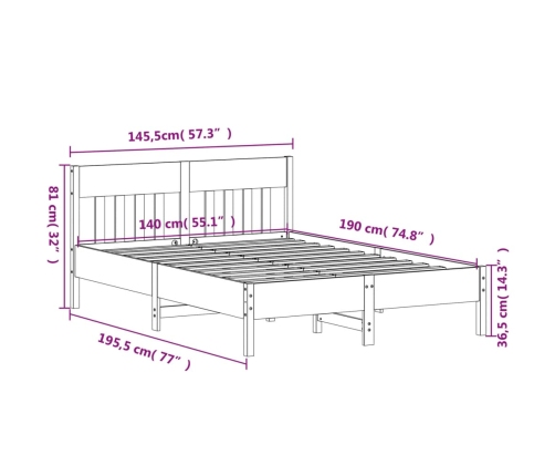 Cama sin colchón madera maciza de pino marrón cera 140x190 cm