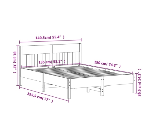 Estructura de cama sin colchón madera maciza de pino 135x190 cm