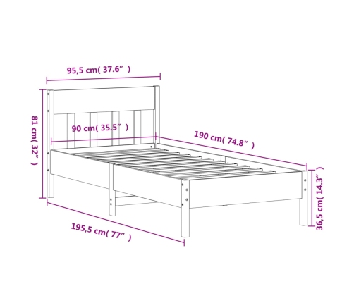 Estructura de cama sin colchón madera maciza de pino 90x190 cm