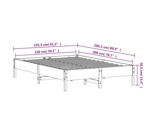 Cama sin colchón madera maciza pino marrón cera 150x200 cm